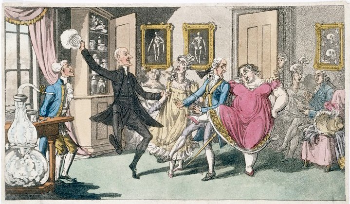 A group of 19th century people dancing from the effects of laughing gas